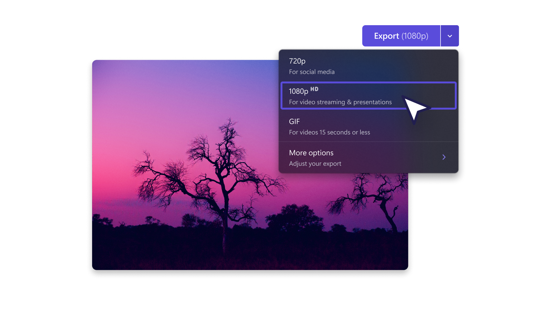 Clipchampを使用して高解像度でエクスポートされる夕日の動画の画像。 