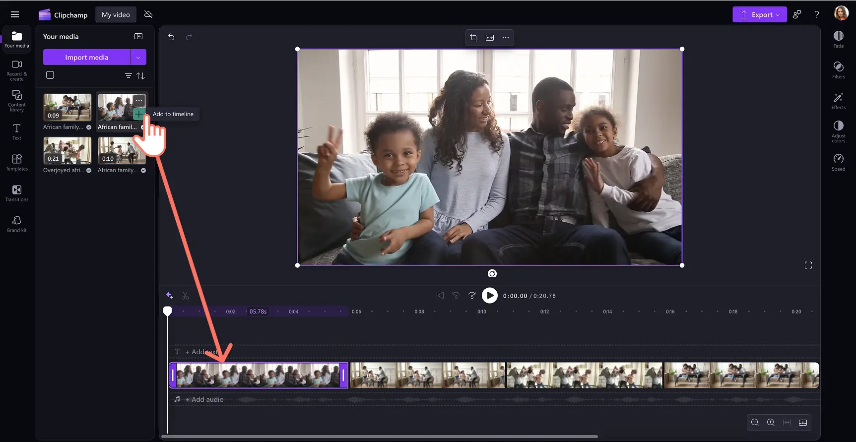 Organizzare i videoclip nella timeline in Clipchamp