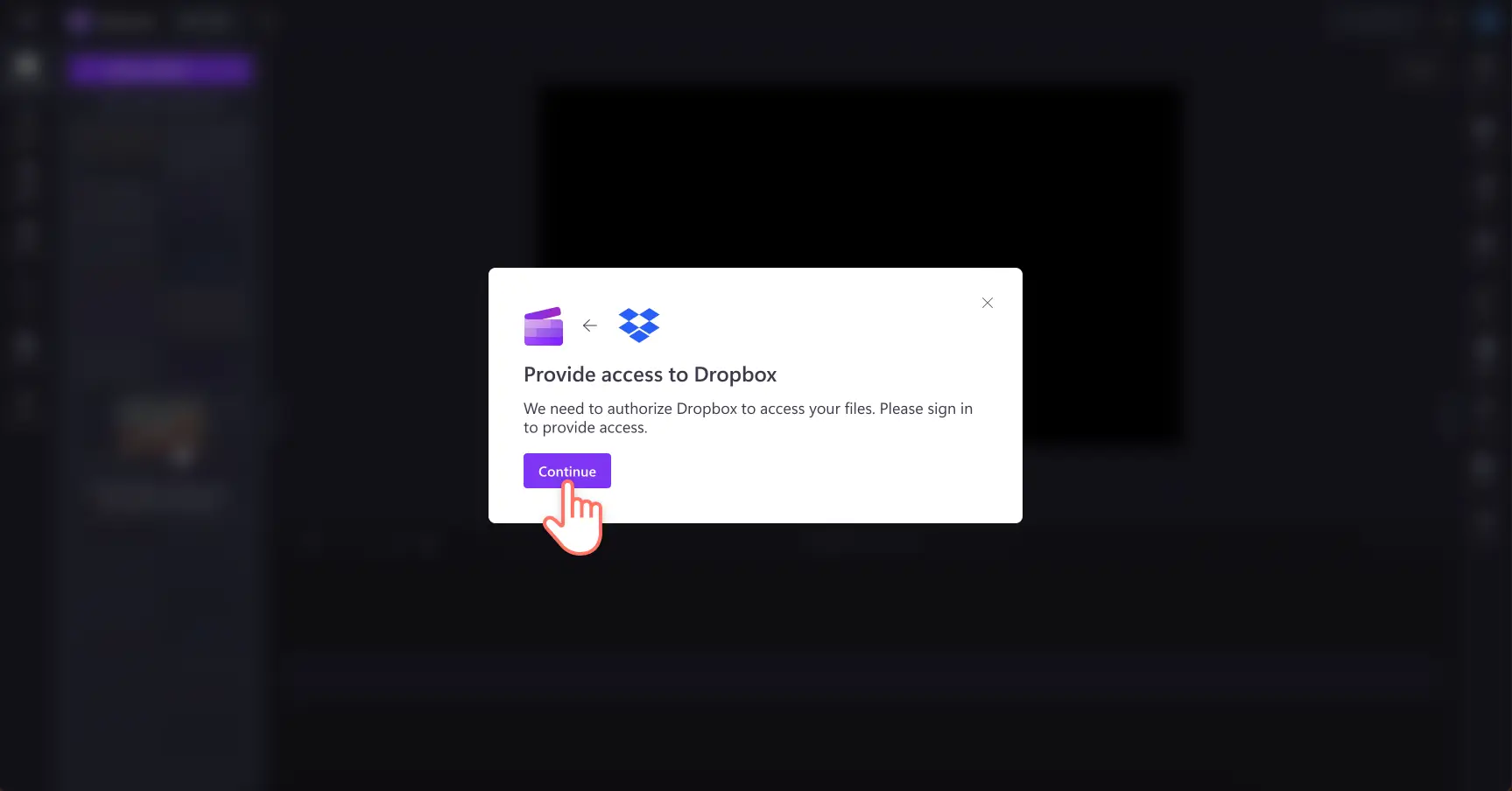  Imagine cu un utilizator care acordă Clipchamp acces la Dropbox.