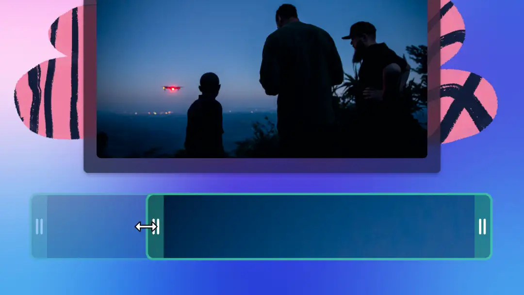 Ein abstraktes Bild, das zeigt, wie ein Video in Clipchamp mithilfe grüner Griffmarkierungen gekürzt wird.