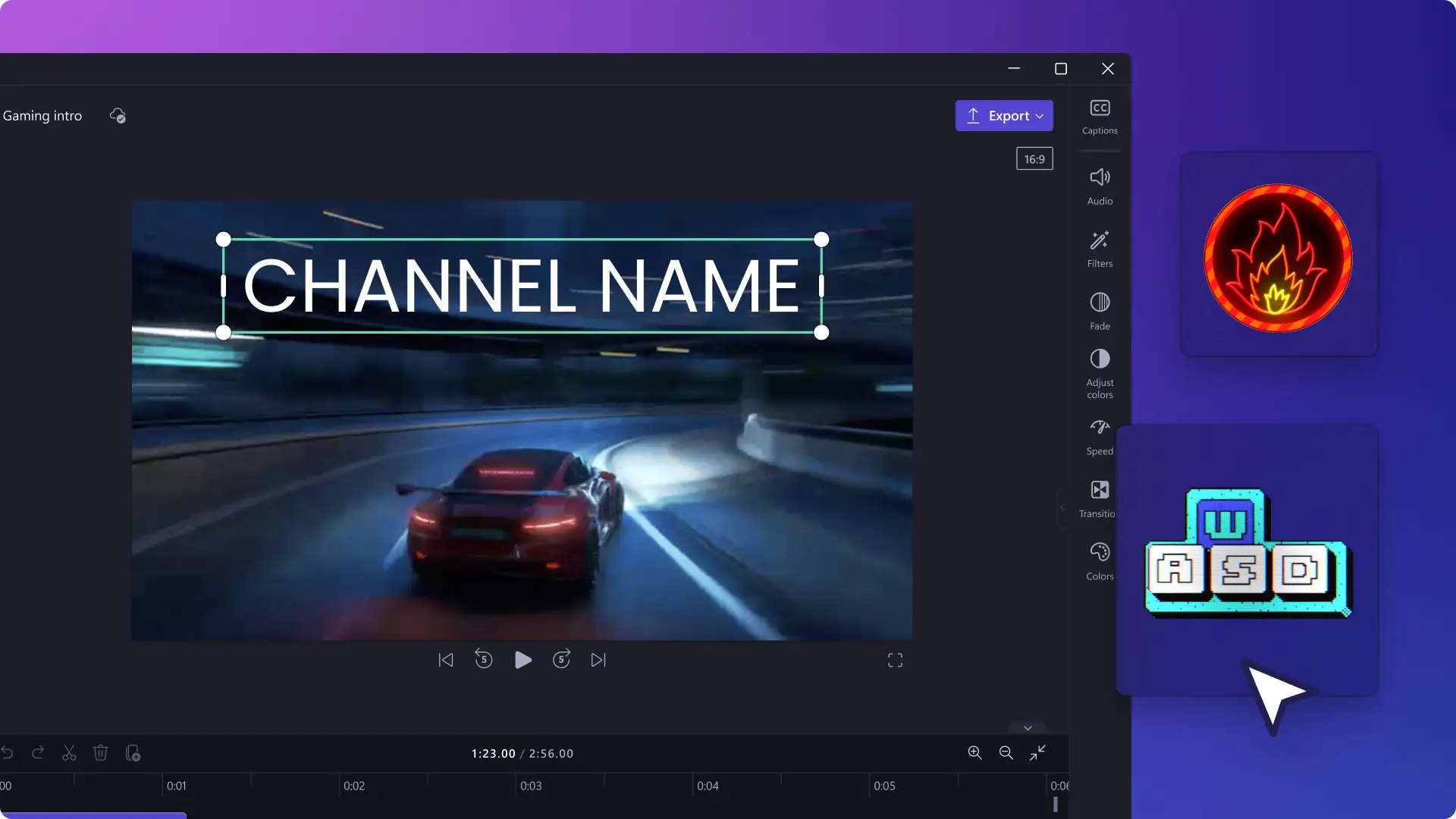 Clipchamp 動画エディターでステッカーと、ゲームがテーマの GIF を動画に追加しているところを表す、抽象的な画像。