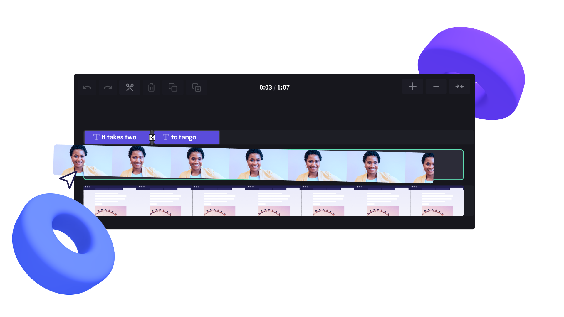 Une souris fait glisser et dépose un enregistrement de webcam dans la timeline de Clipchamp, directement au-dessus d'un enregistrement d'écran.