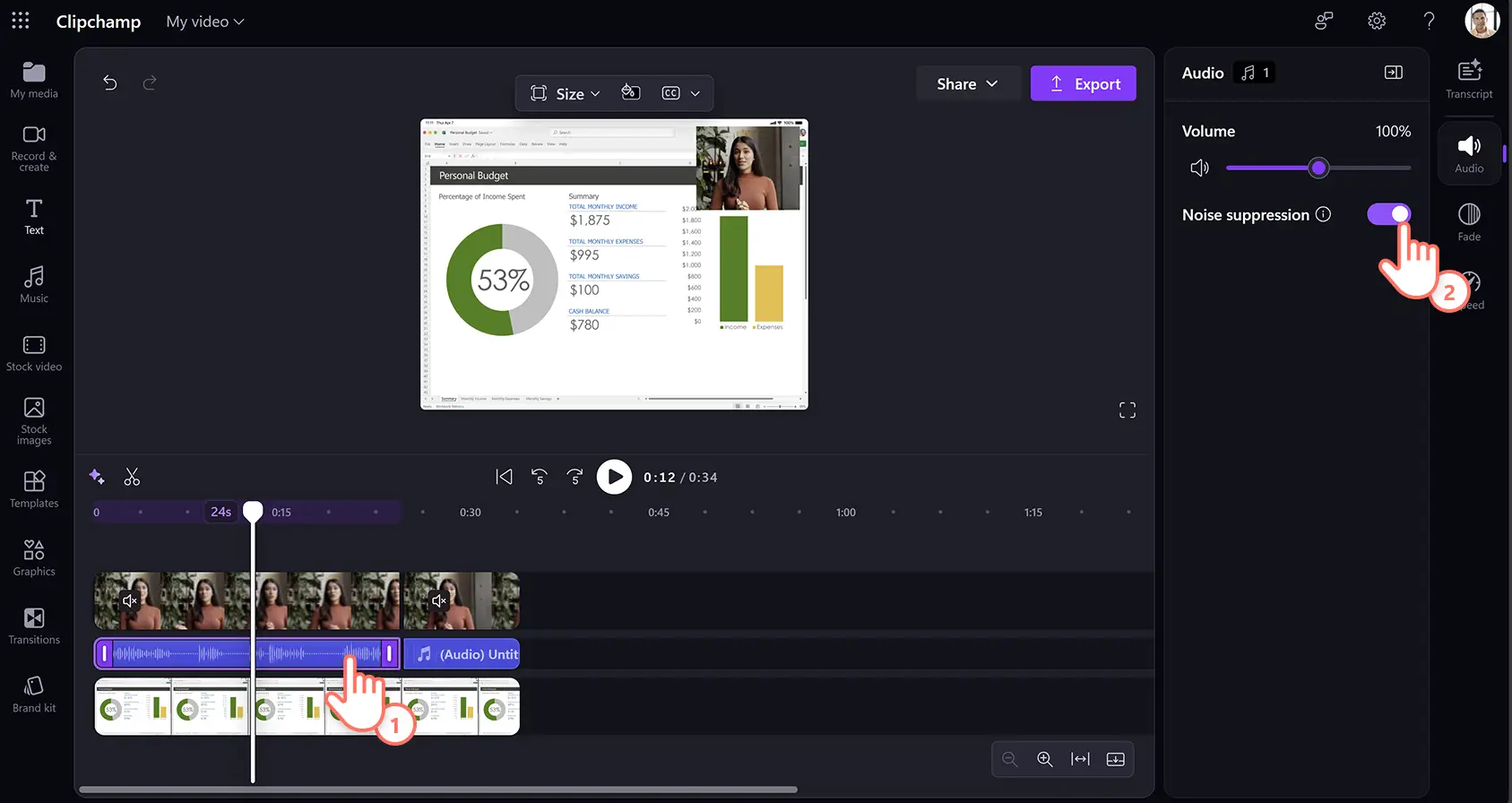 A user applying AI noise suppression to a product demo video in Clipchamp for work.