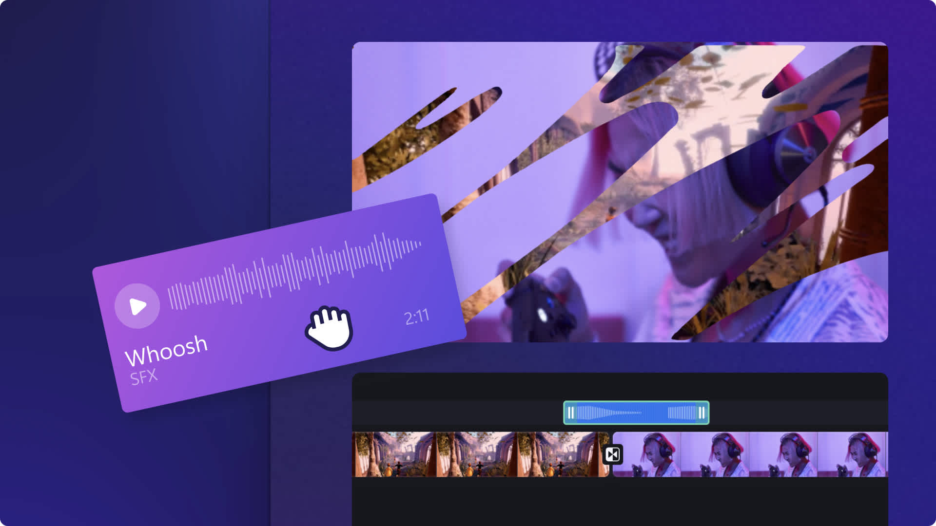 An abstract image of adding a "Whoosh" sound effect to a gaming video that has a glitch transition applied in Clipchamp
