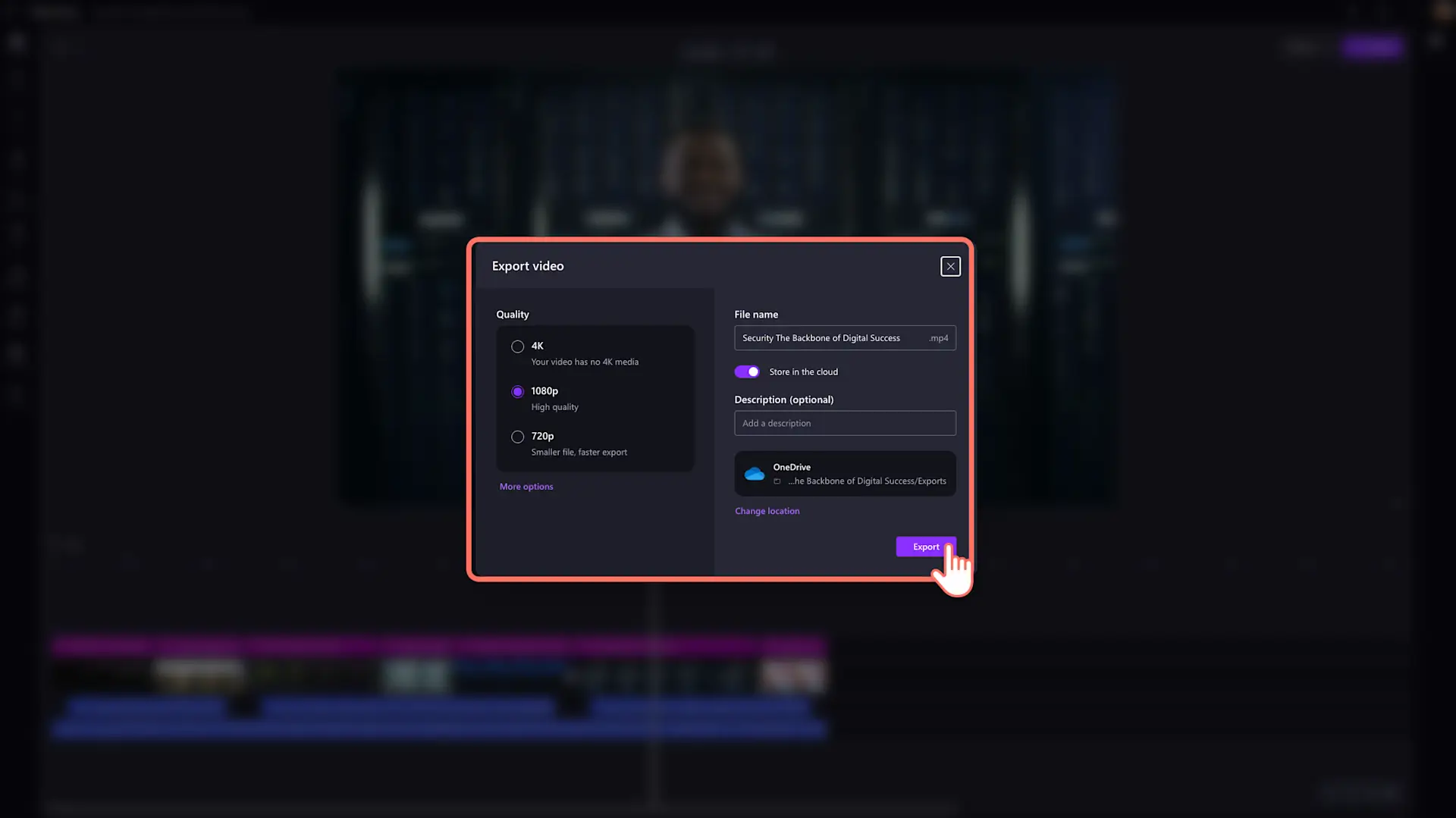 A user saving a high quality video in Clipchamp for work