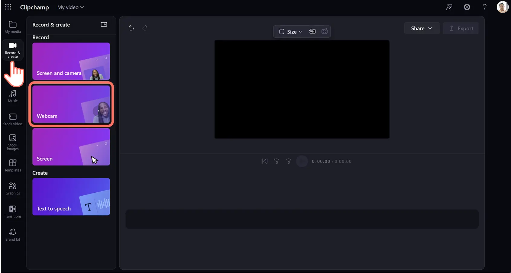A user selecting the webcam recorder in Clipchamp for work.
