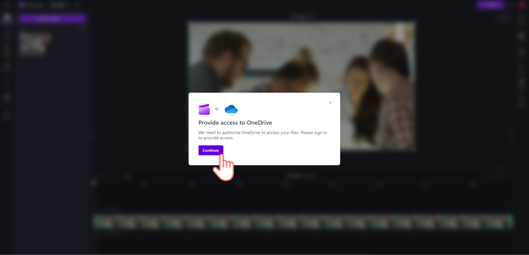 An image of a Clipchamp user enabling permissions for Clipchamp to provide access to OneDrive.