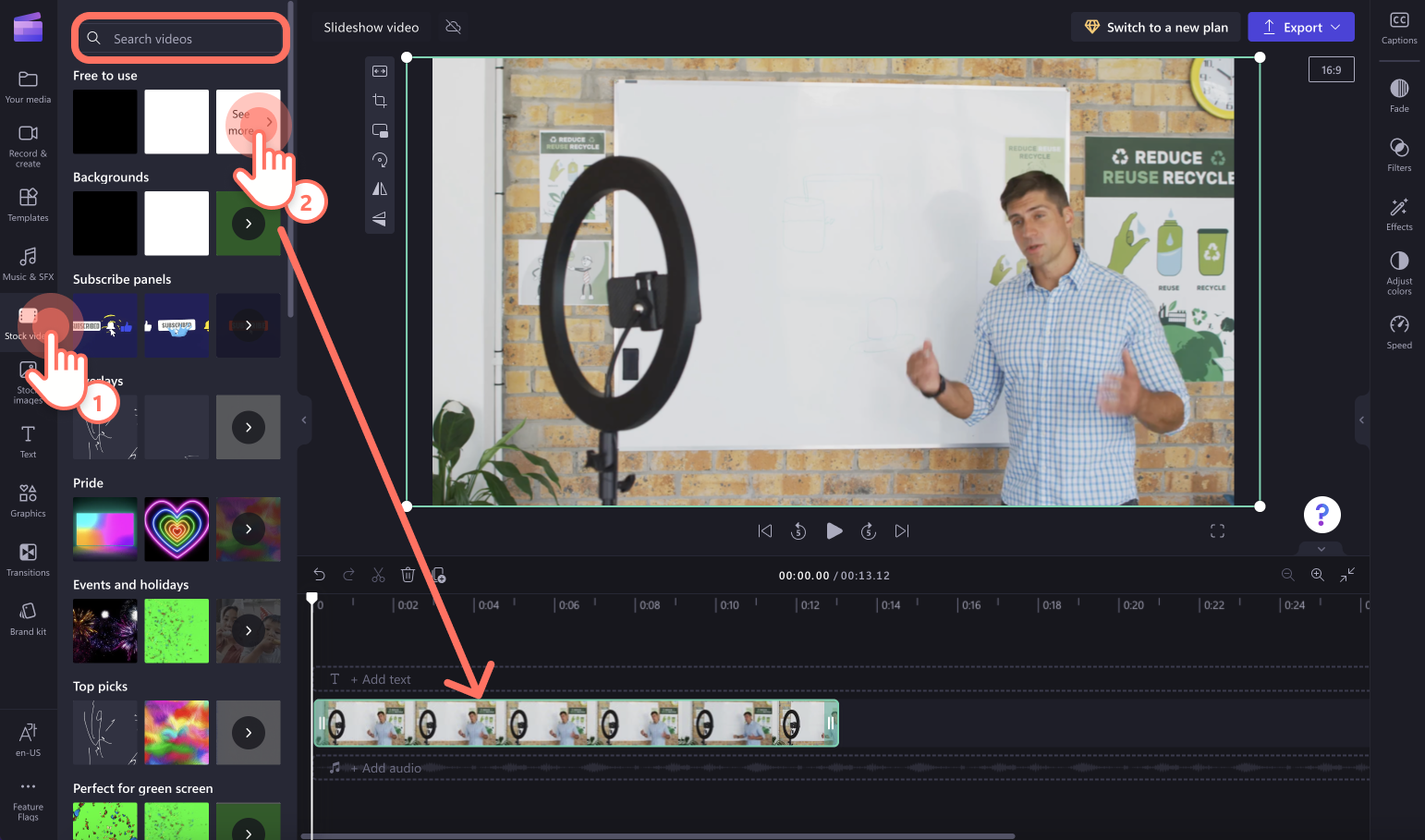 Et billede af tilføjelse af video fra en videosamling til Clipchamps redigeringstidslinje