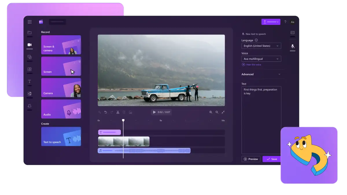 A representation of the Clipchamp video editor featuring a blue truck by a river with the recording tools and text to speech feature open in the sidebar. 