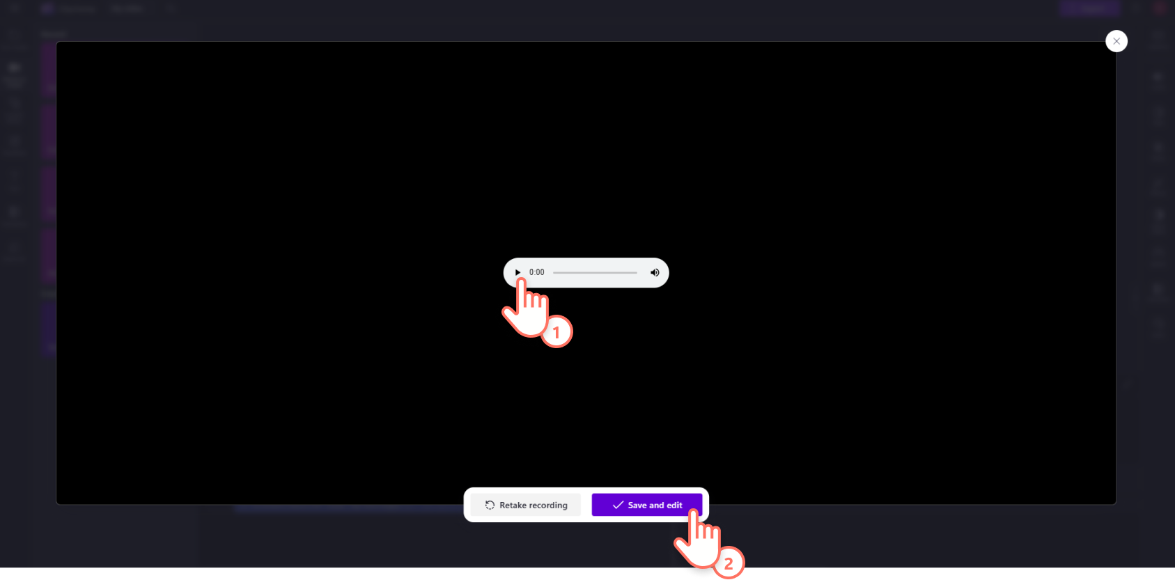 A user clicking on the save and exit button inside the online voice recorder in Clipchamp.
