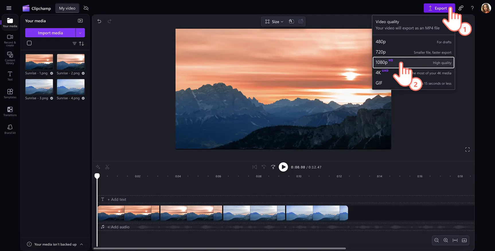 A user saves and exports a high quality video in Clipchamp