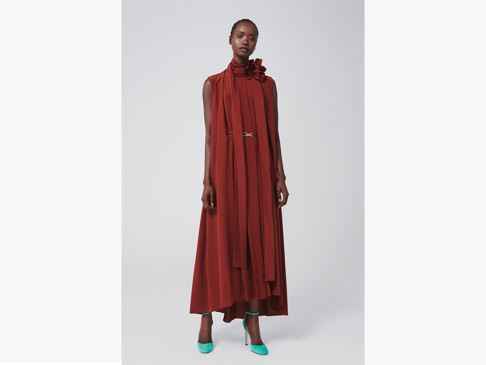 Victoria Beckham Sleeveless Scarf Midi Dress in Chestnut Brown