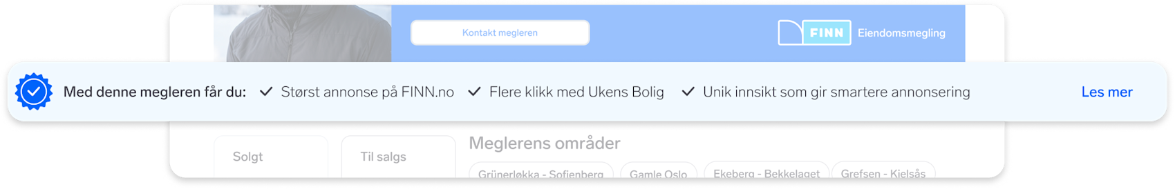 En Meglerprofil fra FINN med blå bakgrunn, som viser meglerens områder og fordeler ved å velge megleren.