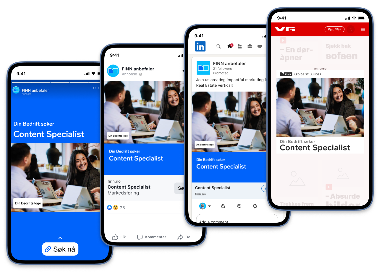 FINN-annonse for Content Specialist stilling vist på tre mobiltelefoner, med Instagram-, Facebook- og LinkedIn-visninger.