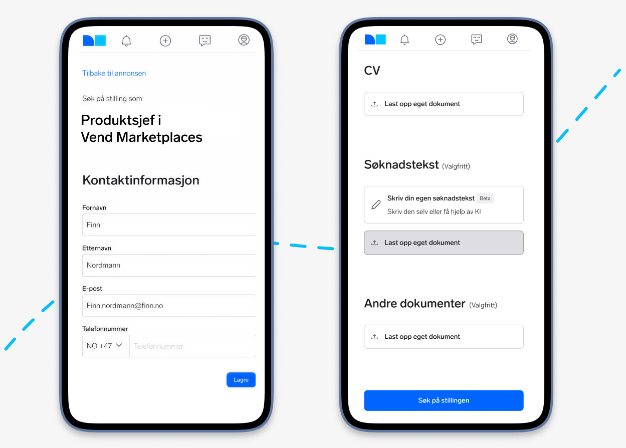 To mobilskjermer som viser jobbsøknadsprosess for produktsjef i Vend Marketplaces, med kontaktinformasjon og CV-opplasting.