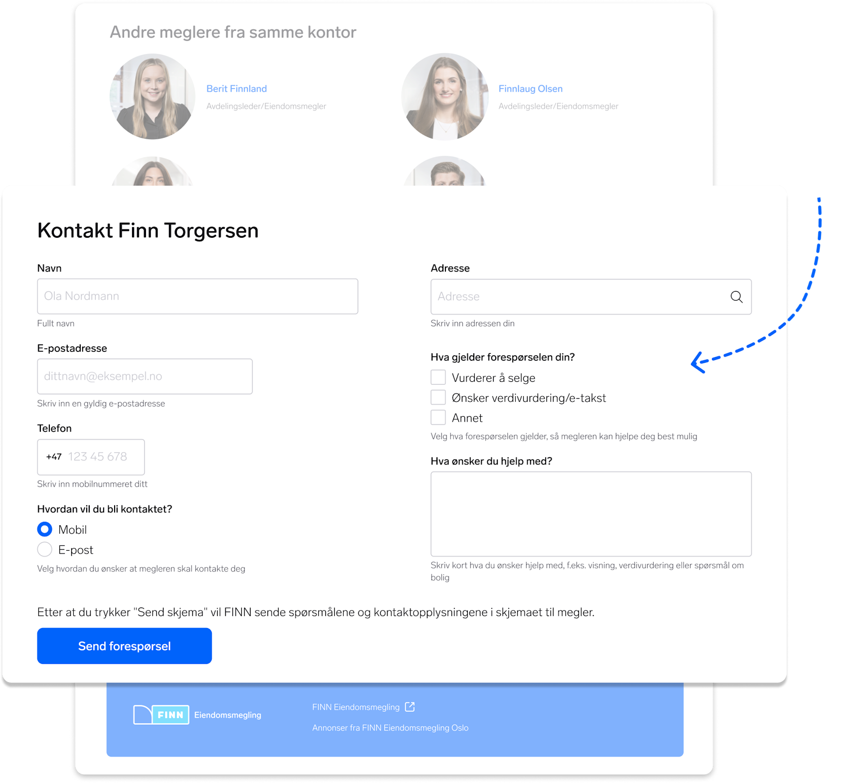 Kontaktskjema på Meglerprofil-siden med felt for personopplysninger og forespørselstype for leads.