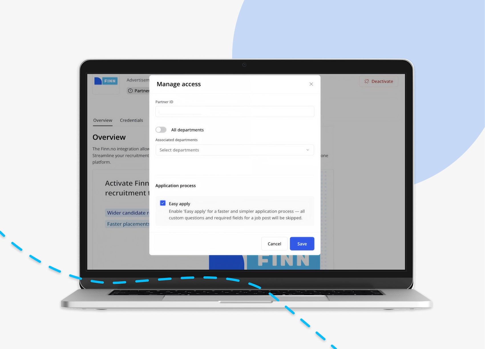 Bærbar datamaskin som viser Finn.no integrasjon med dialogboks for tilgangsstyring og "Easy apply"-funksjon aktivert.