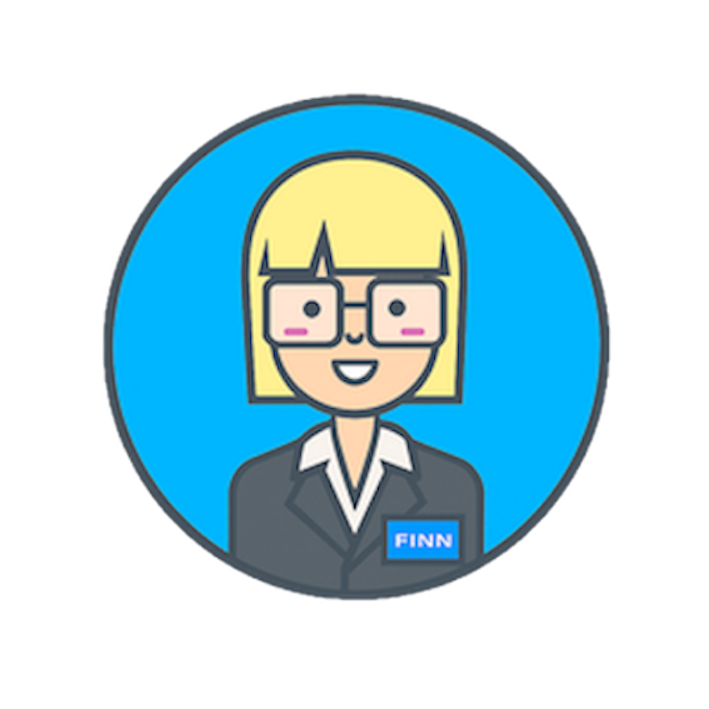 Illustrasjon av vår chatbot, BedriftsGunn. Hun har blondt hår, store briller og smiler bredt!