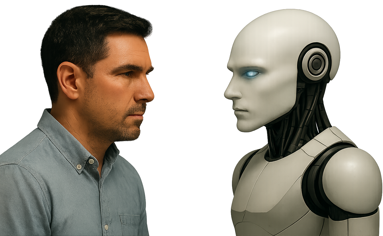 Bildet viser en menneske-mann og en robot som ser på hverandre.