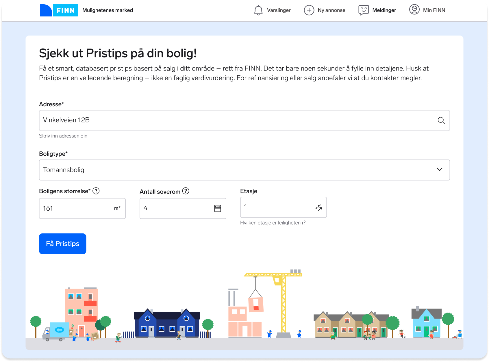 FINN-nettside med skjema for Pristips på bolig. Viser inntastingsfelt for adresse, boligtype og detaljer, med fargerik illustrasjon av ulike hus.