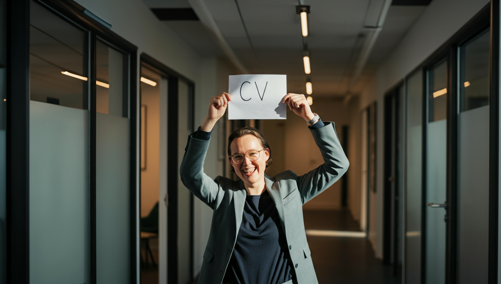 Bildet viser en person som står i en kontorgang. Personen har på seg briller, grå dress og en blå t-skjorte, og holder et papir i hånden hvor det står "CV".