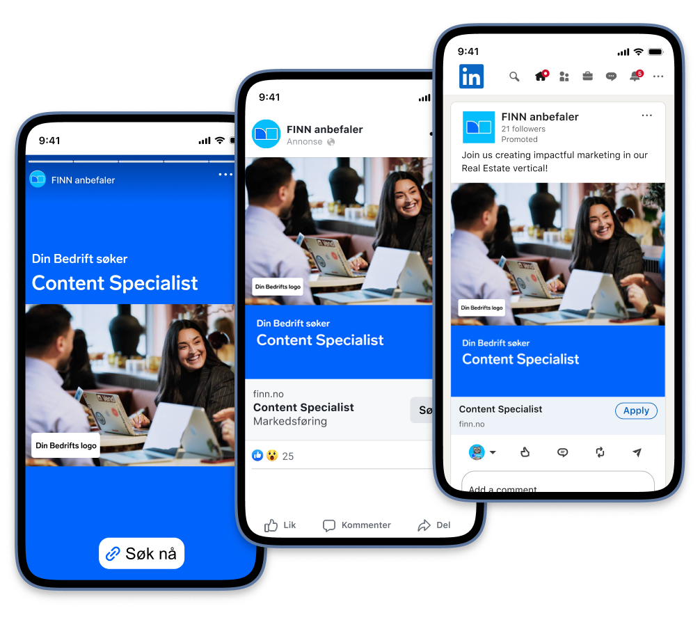 FINN-annonse for Content Specialist stilling vist på tre mobilskjermer med ulike sosiale medieplattformer og annonseformater.
