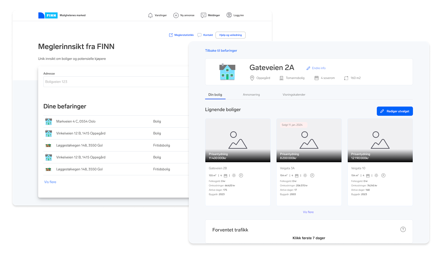 Skjermbilde av Meglerinnsikt-verktøyet som viser innsikt med boligdetaljer, befaringer og lignende boliger til salgs.