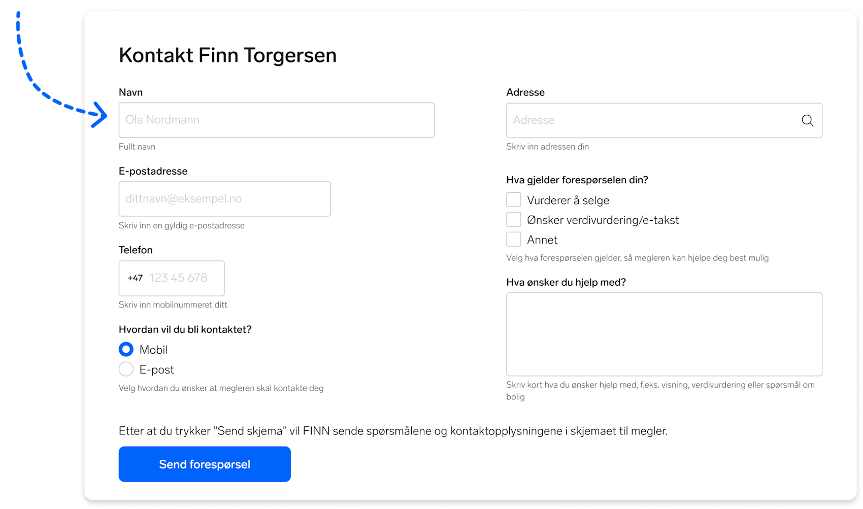 Kontaktskjema for å nå fiktive Finn Torgersen med felt for navn, adresse, e-post og telefon, samt valg for henvendelsestype.
