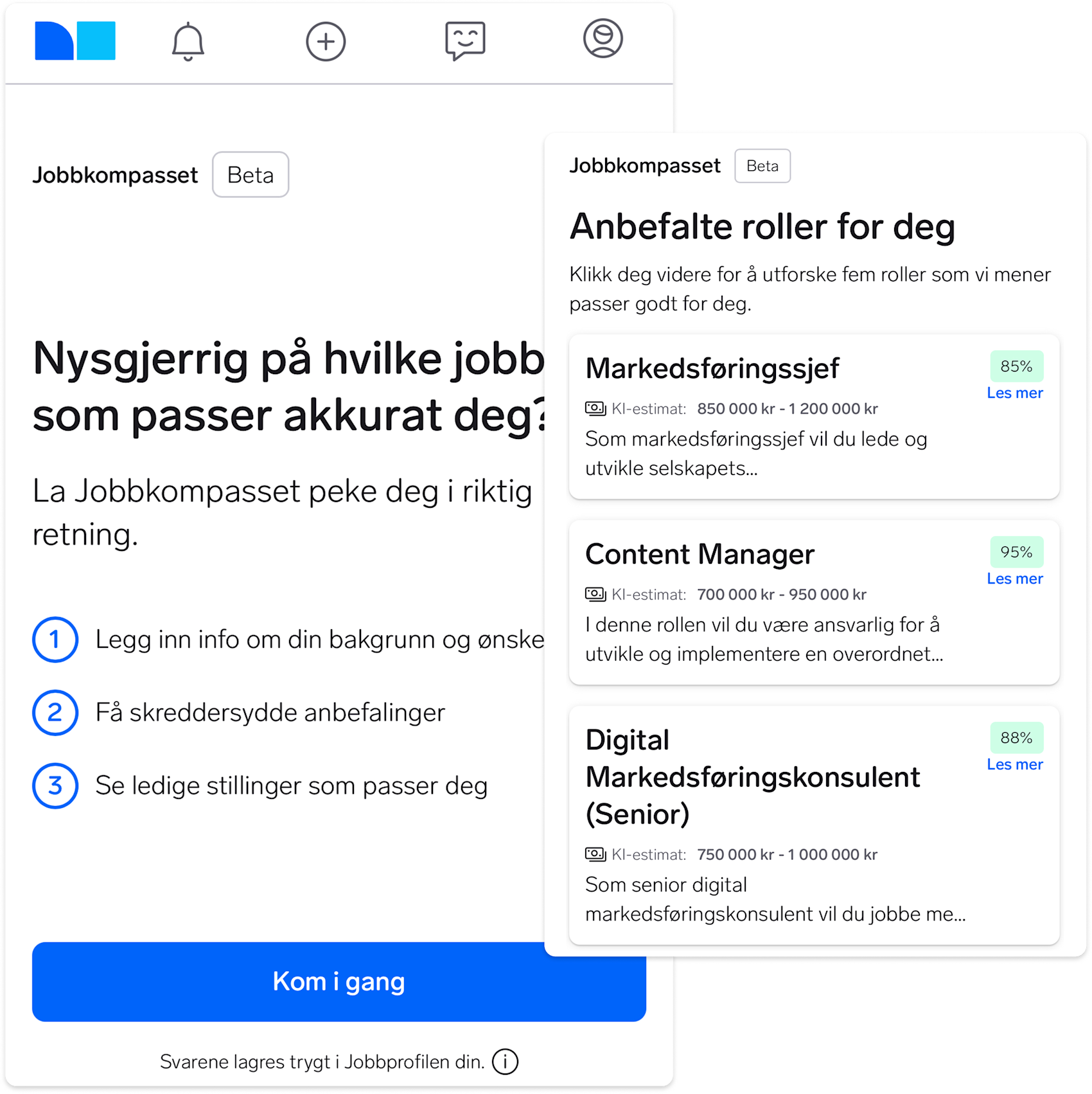 Skjermbilde av Jobbkompasset som viser anbefalte markedsføringsroller med stillingsbeskrivelser og lønnsestimater.