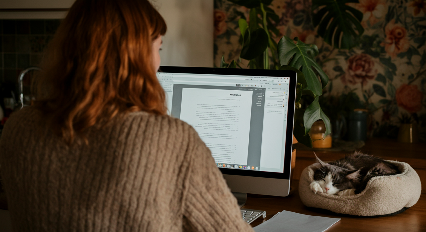 Bildet viser en kvinne i beige ullgenser som sitter med ryggen til og ser på en dataskjerm. I bakgrunnen ligger en grå og hvit katt i en hvit katteseng, ved siden av en stor, grønn Monstera-plante. Bildet er AI-generert.