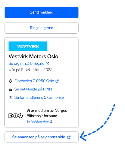 Profilkort for Vestvirk Motors Oslo med kontaktinformasjon, adresse og lenker til annonser på FINN.