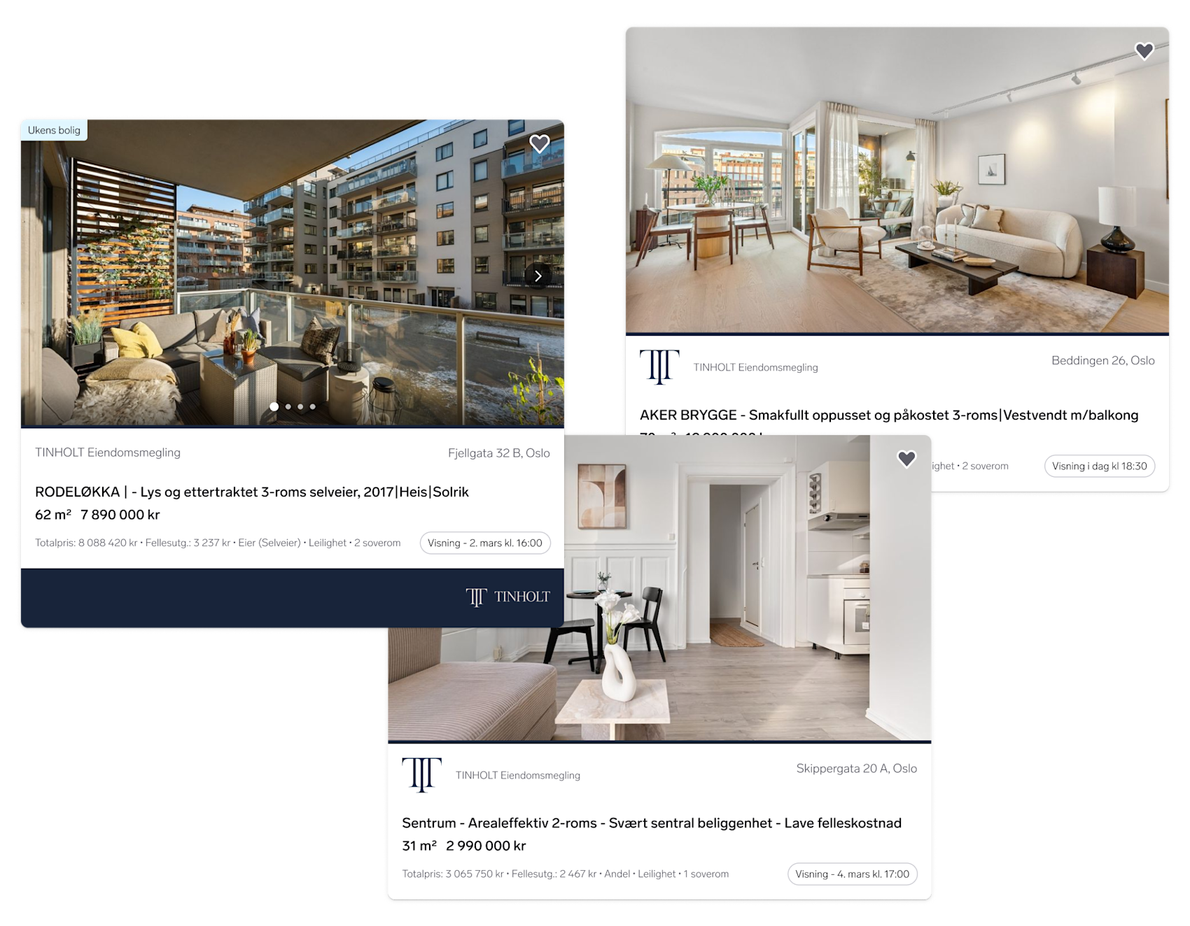Denne illustrasjonen inneholder skjermbilder av Tinholt Eiendomsmegling sine annonser på FINN - dette er store annonseformater som man får med Stor pakke.