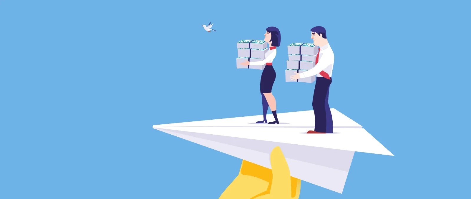 A man and woman in business attire hold bill stacks while standing on a paper airplane held by a giant hand in the air. A bird flies past in the background.