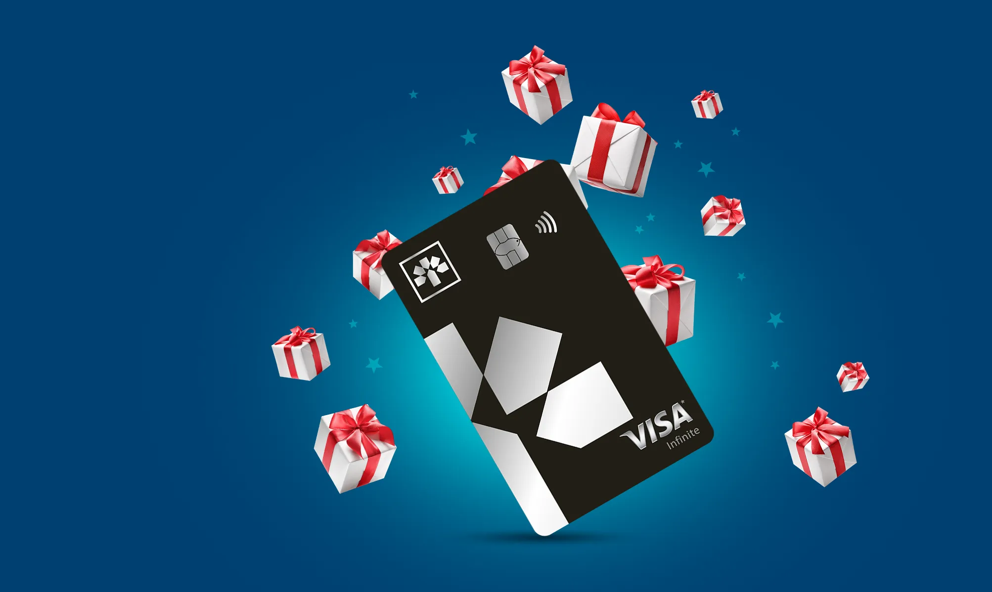 La carte Visa Infinite* Banque Laurentienne devant des emballages cadeaux ficelés avec des nœuds rouges.