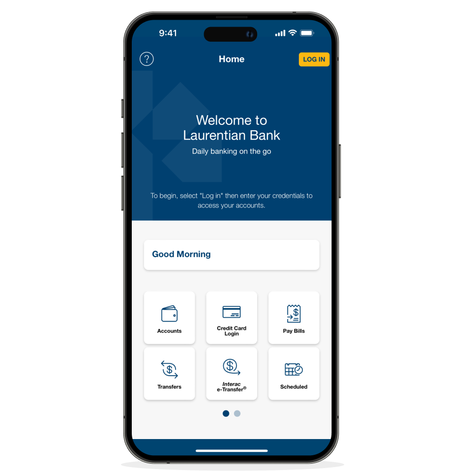 Mobile phone with the Laurentian Bank mobile app welcome screen.