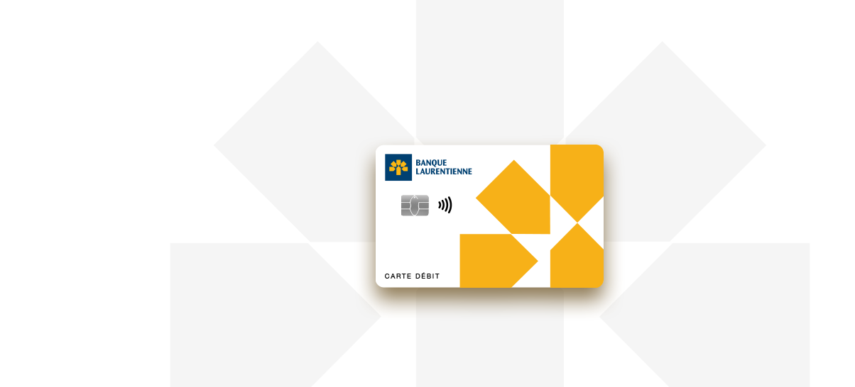 Carte de débit blanche de la Banque Laurentienne avec le logo de l'arbre jaune et le symbole de paiement sans contact.