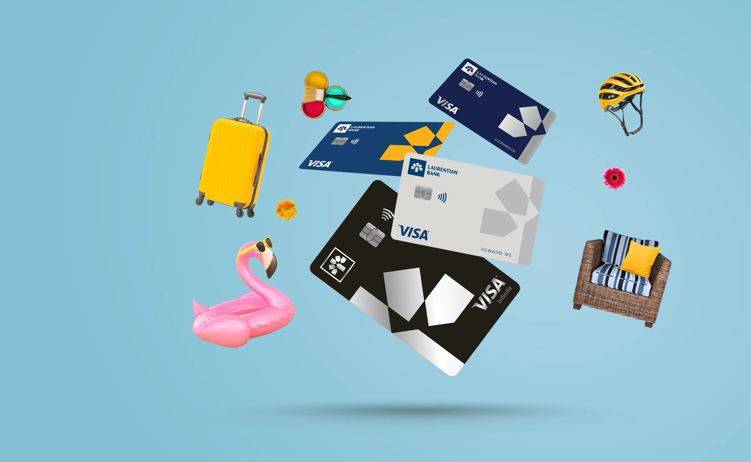 Four Laurentian Bank credit cards float in mid-air with items swirling around them: A suitcase, inflatable flamingo pool floaty, cans of paint with a brush, bicycle helmet and a deck chair.