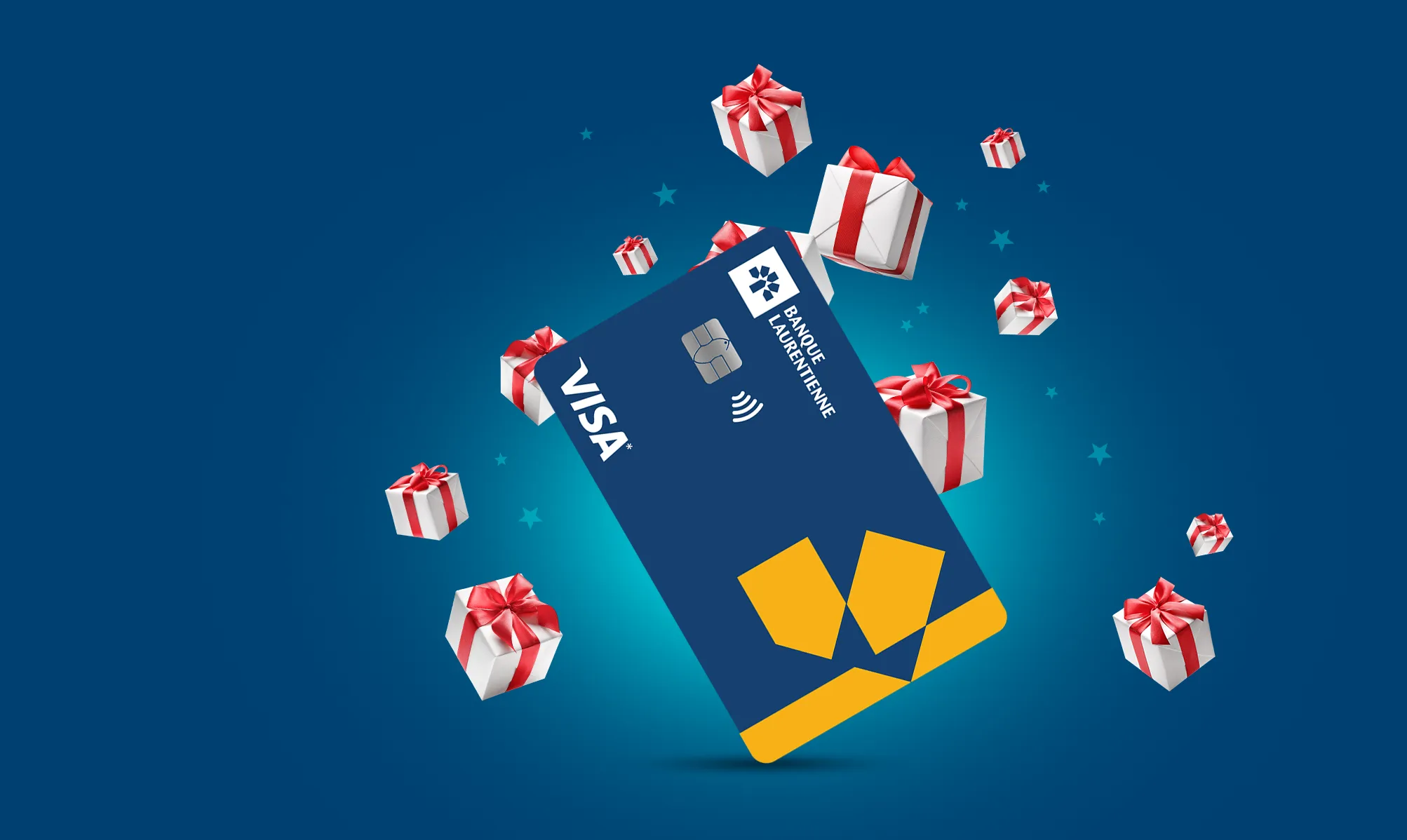 La carte Visa* À Taux Réduit Banque Laurentienne devant des emballages cadeaux ficelés avec des nœuds rouges.