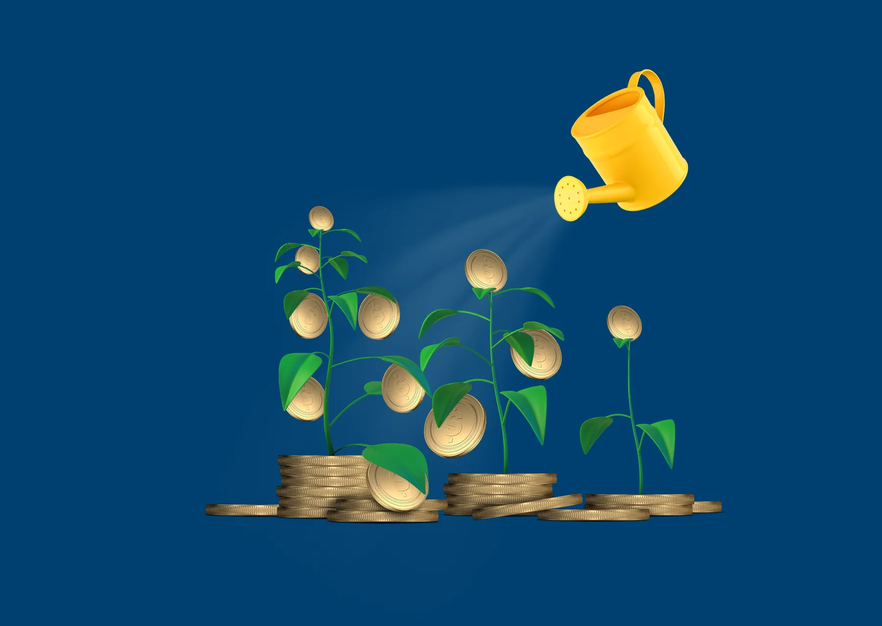Three plants blooming with coins, from small to big, are being watered with a watering can.