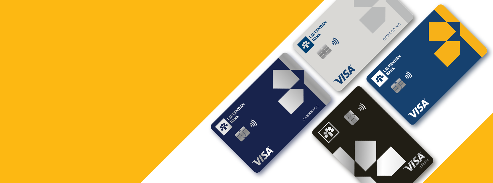 Four credit cards display together: The Laurentian Bank Visa* Cashback, Laurentian Bank Visa* Reward Me, Laurentian Bank Visa* Reduced Rate and Laurentian Bank Visa Infinite*.