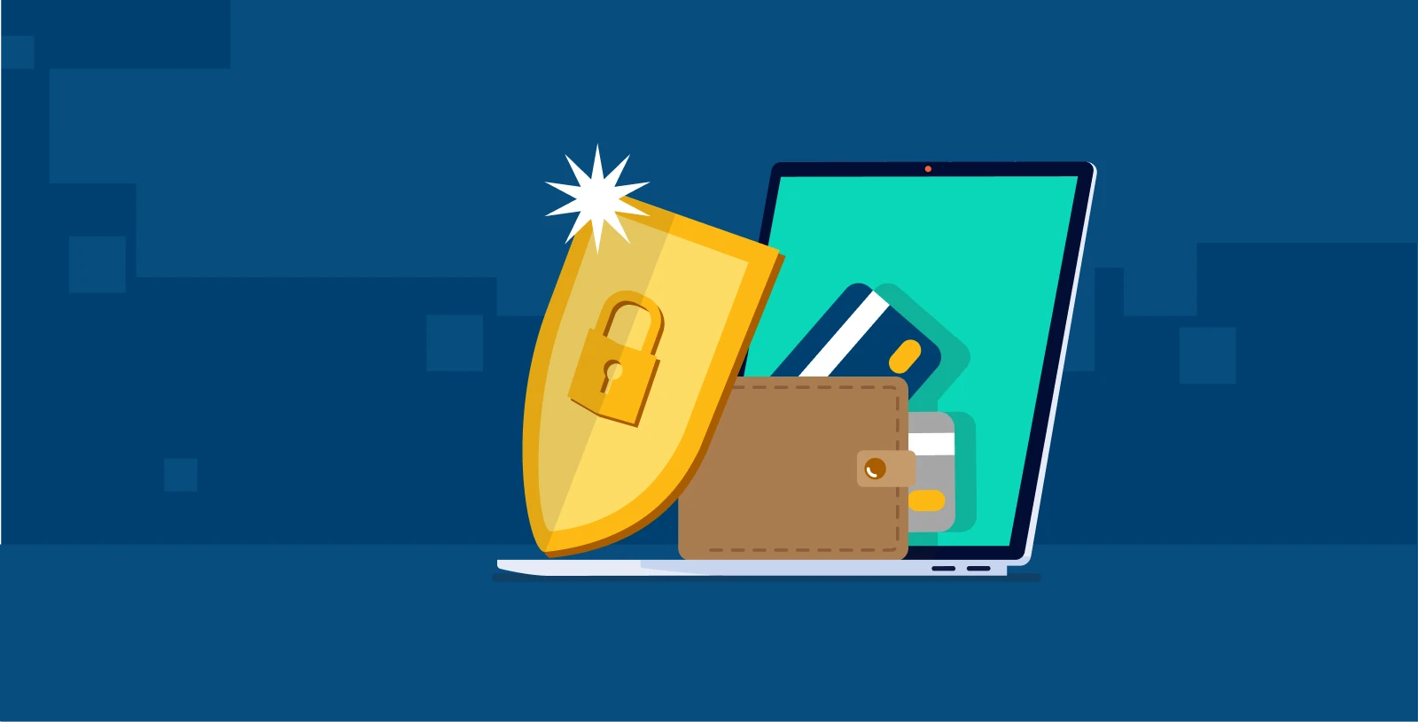 A golden shield marked with a locked padlock protects a wallet filled with payment cards.