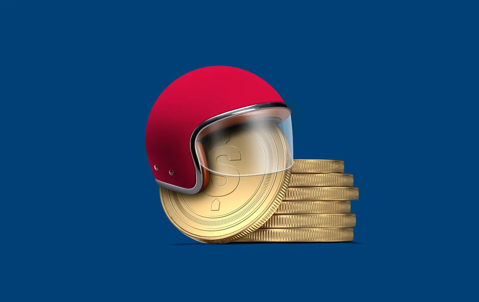 A gold coin wearing a red motorcycle helmet leans against a stack of coins.