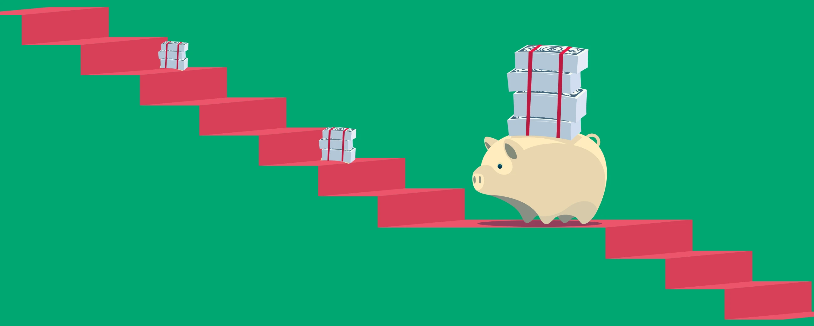 Une tirelire en forme de cochon porte des liasses de billets de banque sur son dos alors qu’elle gravit des escaliers rouges. D’autres liasses de billets de banque se trouvent sur d’autres marches, un peu plus haut sur l’escalier.