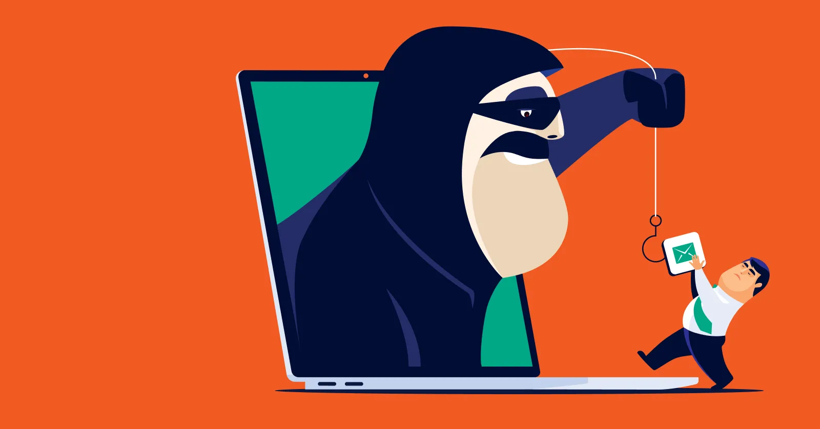 A masked cybercriminal emerges from a laptop screen, using a fishing hook to try to catch a man’s email.