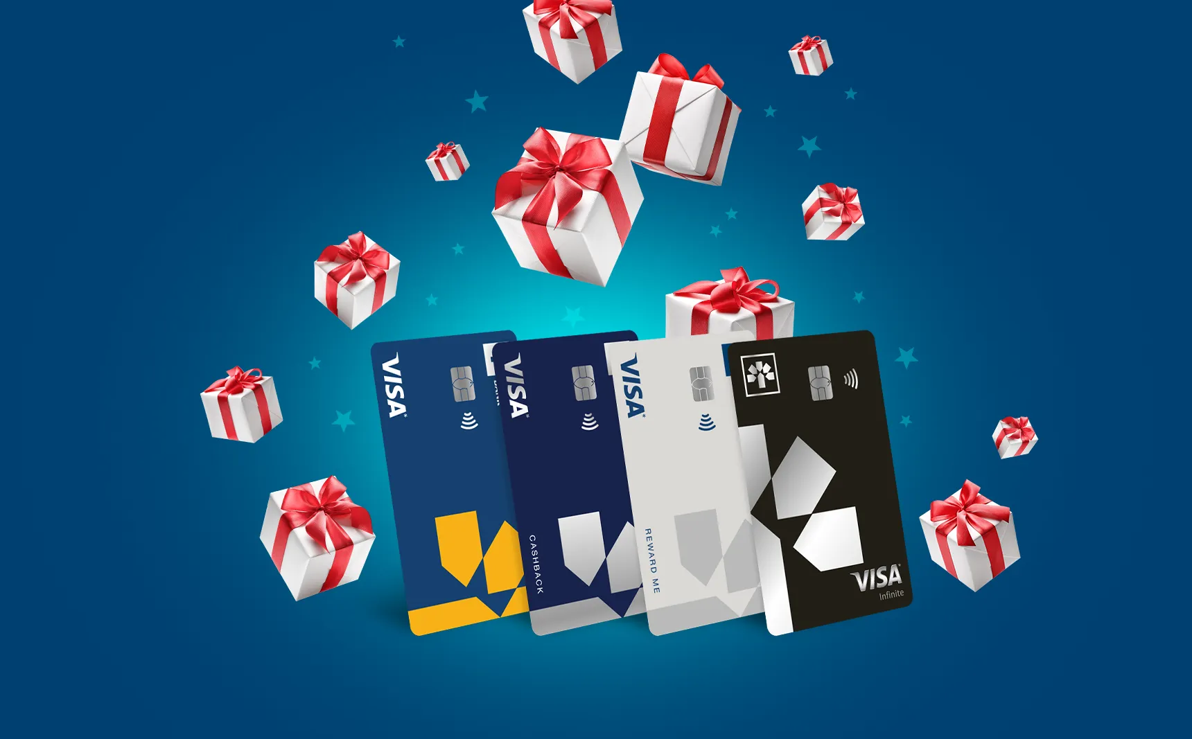 Four Laurentian Bank credit cards are showered with wrapped gift boxes: Laurentian Bank Visa Infinite*, Laurentian Bank Visa* Cashback, Laurentian Bank Visa* Reward Me and Laurentian Bank Visa* Reduced Rate.