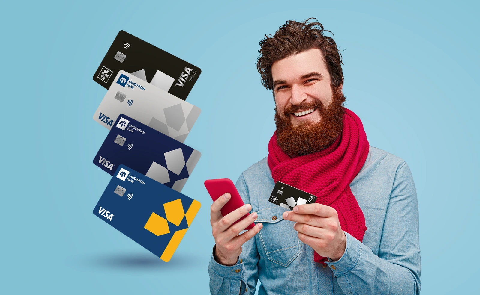 A man smiles while holding his phone in one hand and credit card in the other. Beside him, 4 credit cards are stacked: Laurentian Bank Visa Infinite*, Laurentian Bank Visa* Reduced Rate, Laurentian Bank Visa* Cashback, and Laurentian Bank Visa* Reward Me.