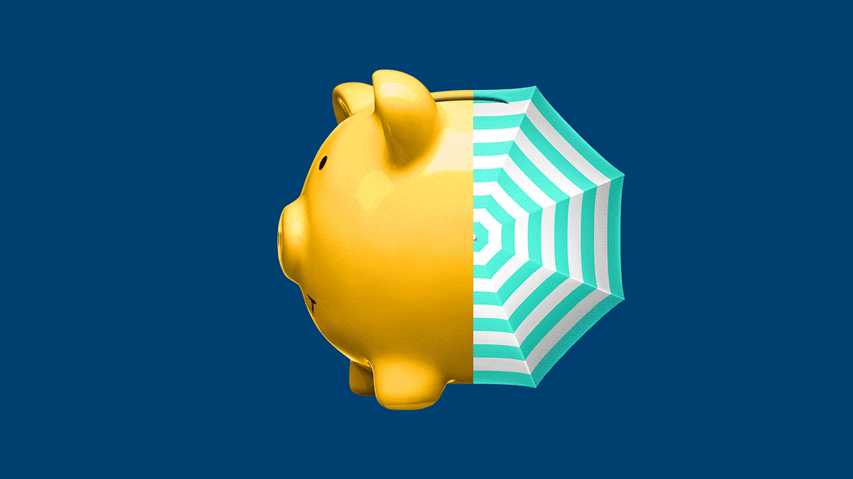 A split image: Half the image features the front of a large, golden piggy bank. The other half changes from a striped beach umbrella, to a diamond engagement ring, then a woman in a pool, relaxing on a float.