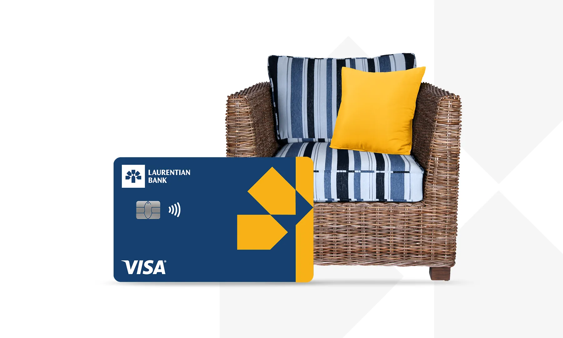 Dark blue Visa* Reduced Rate credit card with a wicker patio chair.