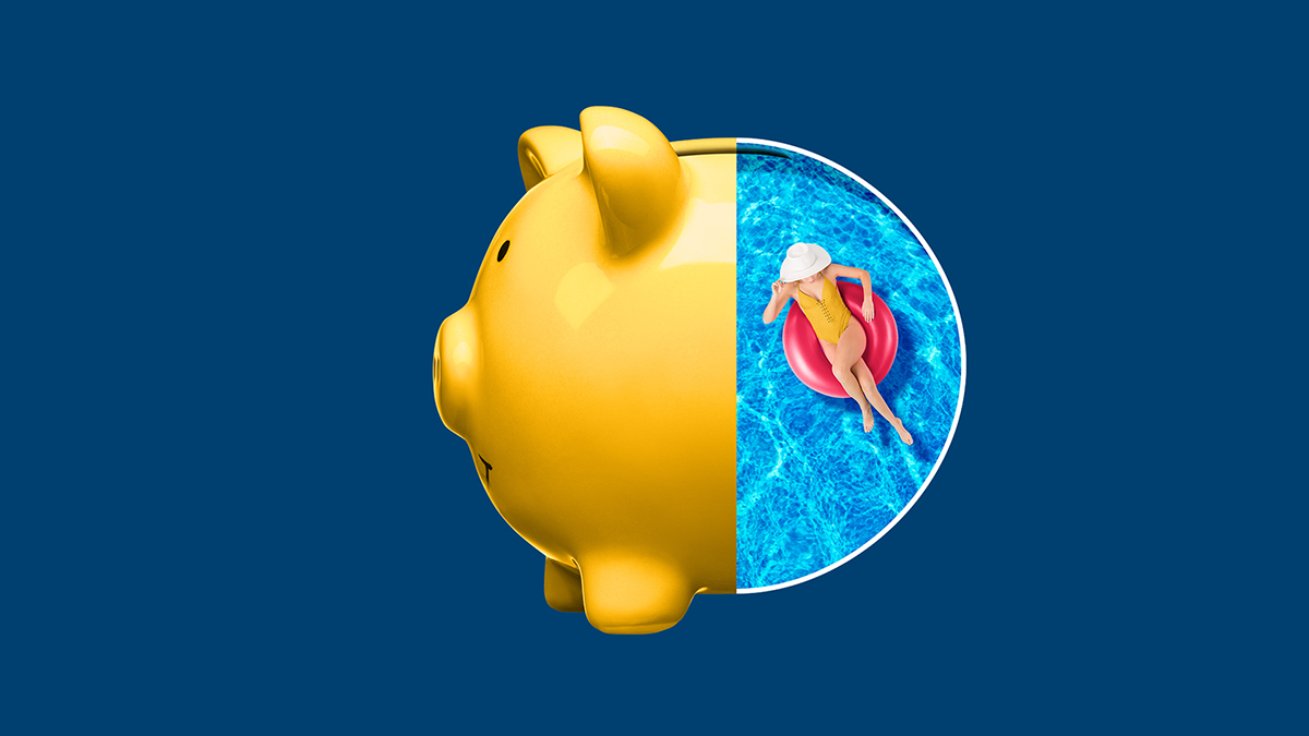 A split image: Half the image features the front of a large, golden piggy bank. The other half features a woman in a pool, relaxing on a float.