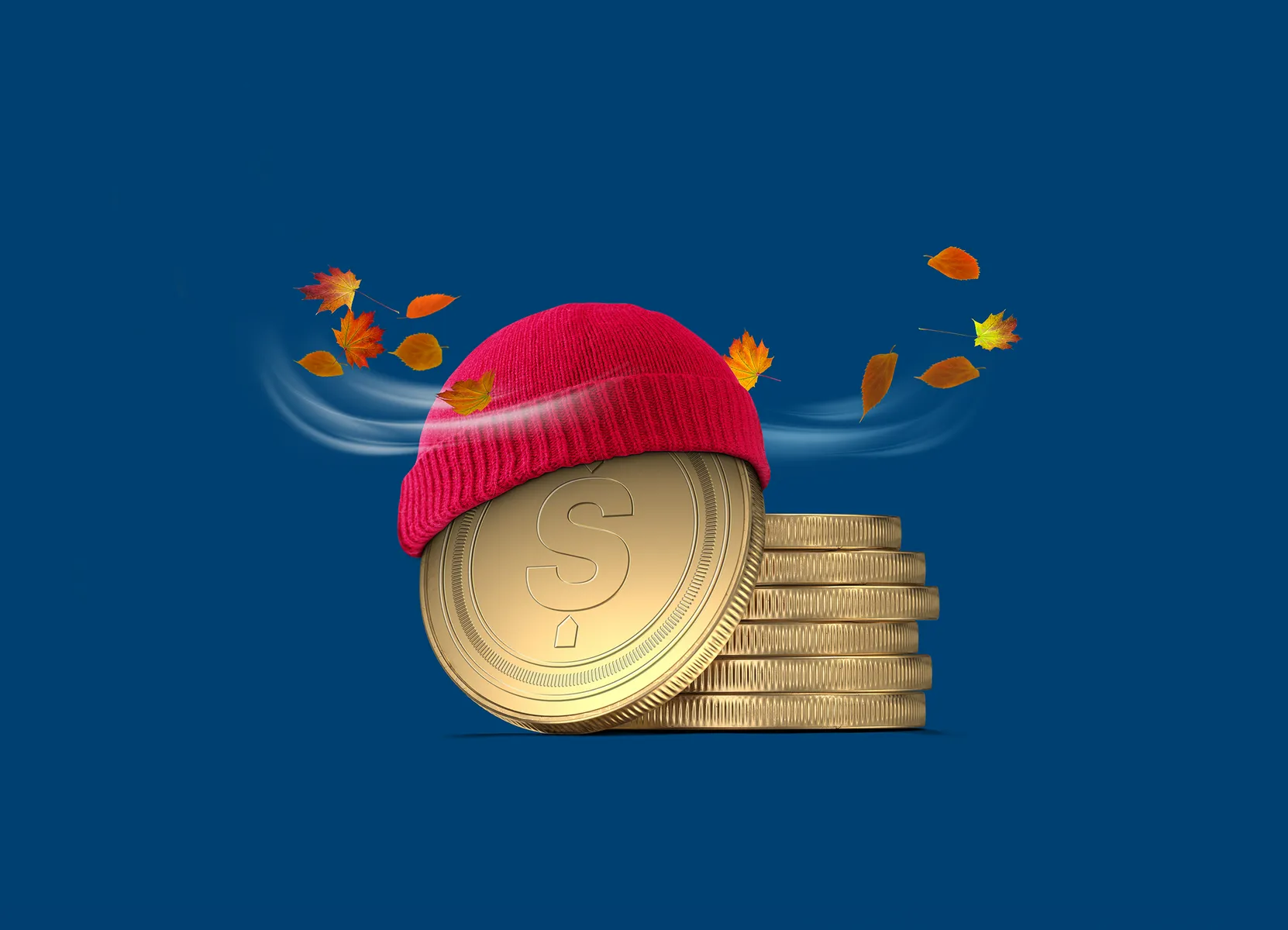 A gold coin wearing a red wool toque leans against a stack of coins. Wind-swept leaves blow around the coins.